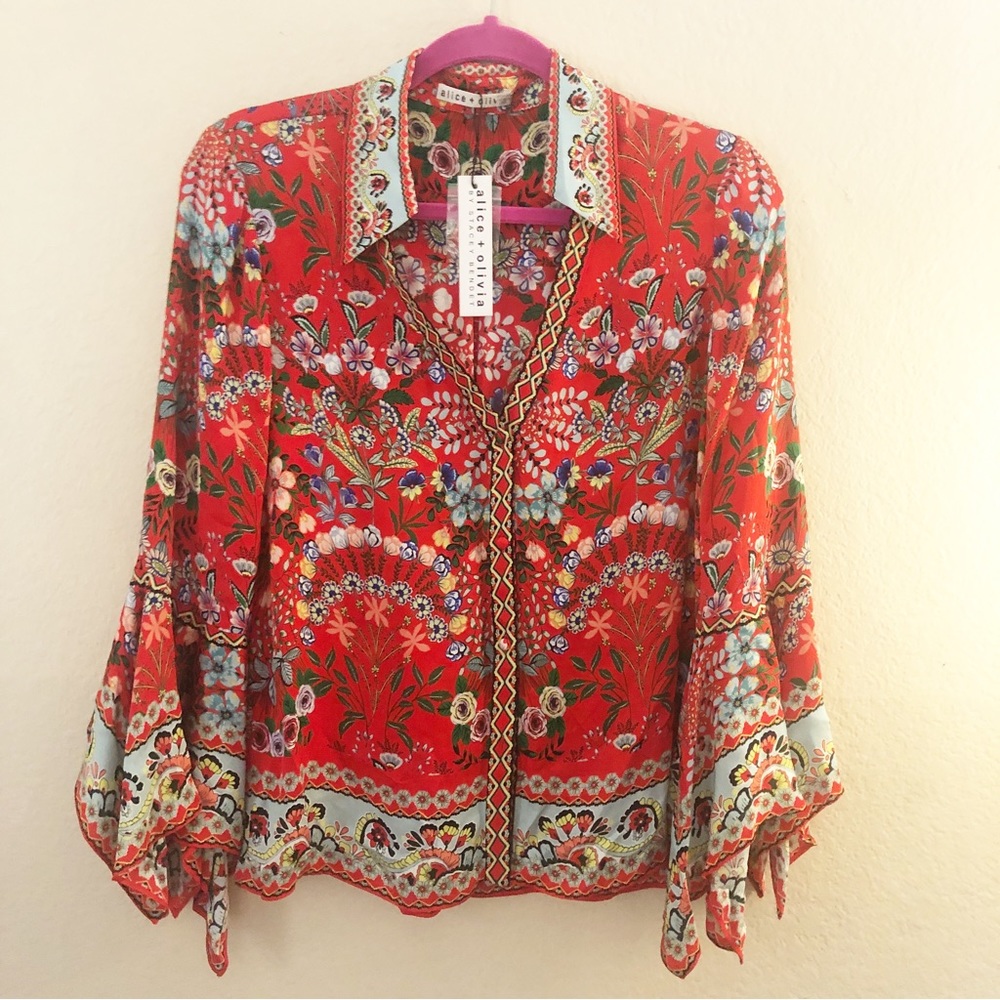 NWT Alice+Olivia Randa Trumpet Sleeve Blouse Bright Poppy Red Floral Size S